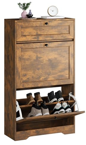 Xbro Schuhschrank mit Schublade und 2 Klappen, Schuhkipper Schmal, Schuhregal für 10–12 Paar Schuhe, mit verstellbaren Trennwänden, für Flur und Eingangsbereich, 60 x 24 x 102 cm, Vintage Braun