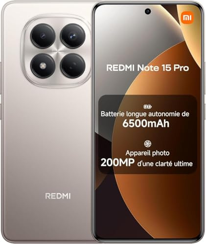 XIAOMI Smartphone Redmi Note 15 Pro NFC, 8 + 256 Go, Couleur Titane, IP65, écran AMOLED, Android 15, processeur Mediatek Helio G200 Ultra, Appareil Photo 200 MP, 6,77 Pouces, 45W, sans Chargeur