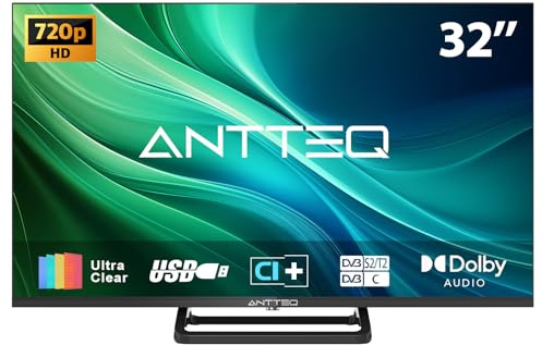Antteq TV de 32 pulgadas, diseño de soporte central, TV 720P Freeview HD Dolby Audio DVB T2/S2 LED Televisión, HDMI USB Media Player Monitor PS5 Xbox, TV estándar no inteligente, pantalla pequeña para