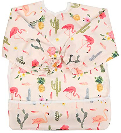 Sigzagor Baby Bib Sleeved Shirt With Pocket 1-3 years old Toddler Painting For Girls (Flamingo Cactus)
