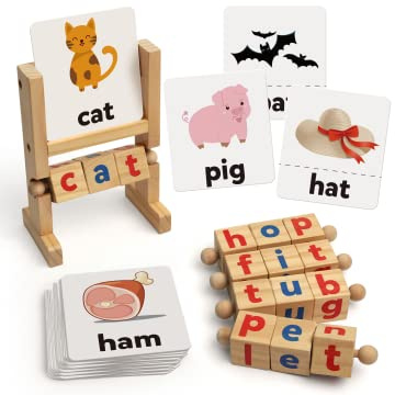 Coogam Bloques de color Juegos de ortografía, tarjetas flash, rompecabezas de madera con letras a juego, palabras visuales 2 en 1 Montessori, juguete de aprendizaje manipulativo con alfabeto giratorio