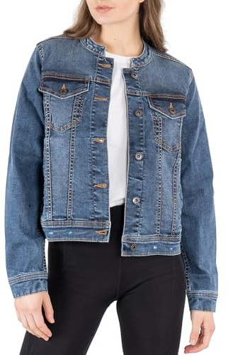 NOROZE Chaqueta vaquera sin cuello de manga larga para mujer estilo motociclista(46, Azul Vaquero)