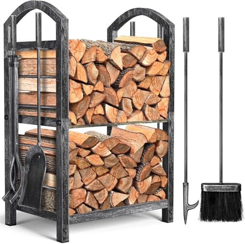 Amagabeli Camino Portalegna con set di attrezzi Portalegna per interni Outdoor Heavy Duty Large Storage Legno in ferro battuto Accessori per camini Vintage Tin Color
