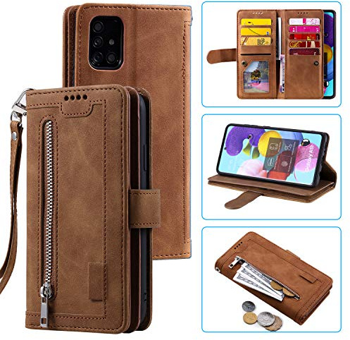 EYZUTAK Handyhülle für Samsung Galaxy S20 FE 5G Hülle,Flip Case Lederhülle Reißverschluss Magnetverschluss Brieftasche mit 9 Kartenfächern Standfuntion Retro Matt Ledertasche-Braun