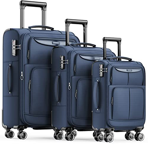 SHOWKOO Juego de Maletas Blandas 3 Piezas Ampliable Ligero Set Maletas de Viaje de Tela Cabina Trolley Duradero con 4 Ruedas Dobles Giratorias y Cierre TSA (M L XL- Azul)
