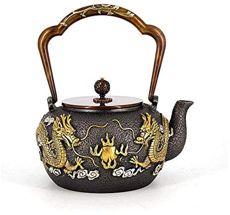 SMSOM Juego de té de Lujo de té de Hierro Fundido de Negro y Oro, Olla de Hierro Fundido de Mano Pura Juego de té japonés 1300 ml Teteras