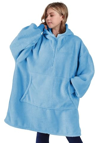 Catalonia Classy Quarter Zip Hoodie Blanket, Warm Gift, Oversized Hoody Jumpers, Cozy Wearable Blanket for Adults Men Women, Blue