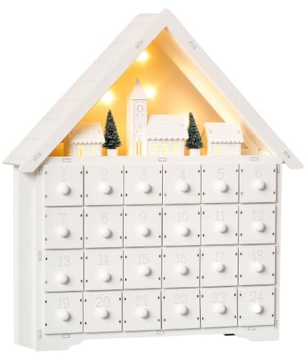 HOMCOM Calendario dell'Avvento in Legno da Riempire 24 Cassetti 39x9x42cm | Villaggio di Natale, Alberi, Luci