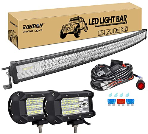 RIGIDON Curvada Barra luz led, 50 Pulgadas 127 cm 648W 12V Kit de cableado | 2x 5 pulgadas 135W faros trabajo, largo alcance barras luminosas led, para todoterreno camión coche tractor SUV UTE ATV 4x4