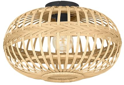 EGLO Deckenleuchte Amsfield, Deckenlampe Vintage, Natur, Boho, Hygge | Wohnzimmerlampe Decke aus Stahl in schwarz, Holz in Naturfarben, E27 Fassung, Ø 45 cm