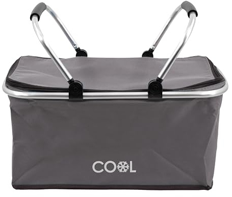 GEEZY 35L Insulated Picnic Basket Bag – Grey Large Collapsible Cool Bag with Sturdy Aluminium Frame, Weatherproof Oxford Fabric, Ideal for Picnics, Camping, Beach, Shopping