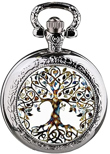 Orologio da tasca al quarzo in acciaio inossidabile con albero della vita in vetro Cabochon, stile retrò, regalo di Natale per donne e ragazze, Argento e bianco, Retrò
