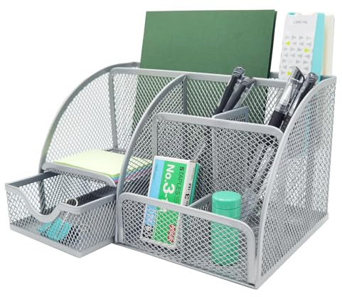 PYJLBX Schreibtisch Organizer, Metall Mesh Stiftehalter Schreibtisch Büro Organizer Bürobedarf, Stiftebox Desk Organizer Stifthalter Tisch Organizer mit Schubladen, für Büro Schule Zuhause (Silber)