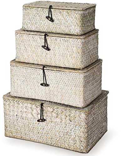 Woanger Set of 4 Wicker Storage Baskets Organizer，Handwoven Storage Bins with Lid for Organizing, Home Utility Box for Home Office Supplies Multipurpose Container(White)