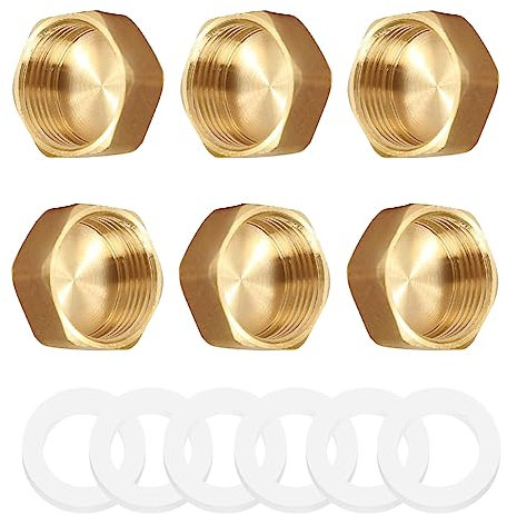 RMENOOR 6PCS Brass End Cap, Brass Cap Hose Caps Hexagonal Internal Thread Cap with 6PCS Sealing Washer for Washing Machine Radiator Valve (1/2 Inch)