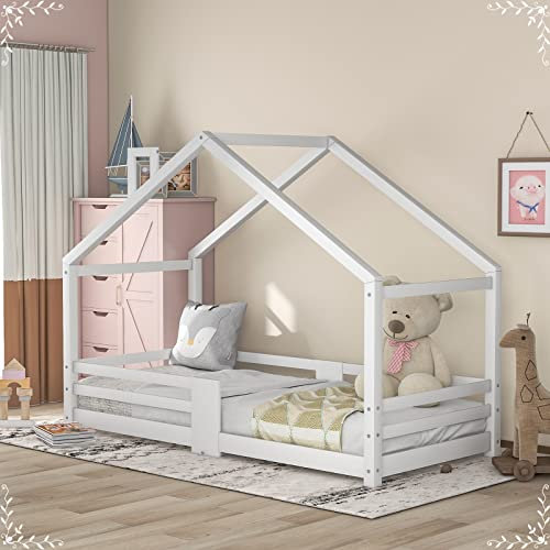 Whoiy Rausfallschutz Bett, Hausbett Kinder 90X200 Weiß Kinderzimmer Bett mit Reling Schlafzimmer Gaming Bett für Jungen und Mädchen