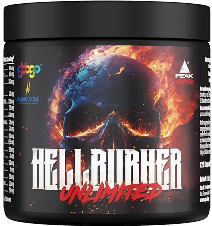 PEAK Hellburner Unlimited - 120 Kapseln I 60 Portionen I Diätunterstützer und Stoffwechsel Booster mit Stimulanzien I Koffein, Theobromin, Grains of Paradise, GBB, Grüntee, Fucoxanthin