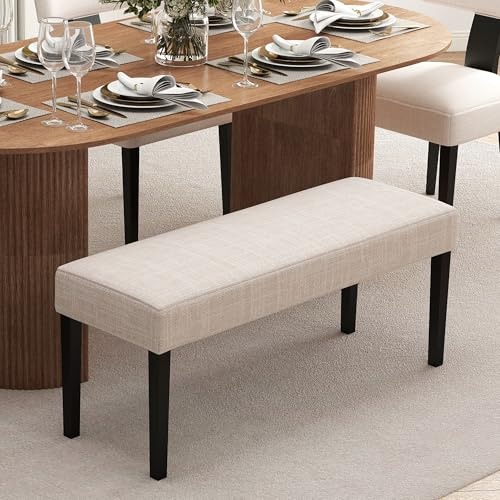 HNY Farmhouse Upholstered Dining Bench Seat, 45 Linen Entryway Bench with Black Wood Legs, Mid Century Modern End of Bed Bench for Kitchen Bedroom Living Room Hallway, for 2-3 Person, Beige