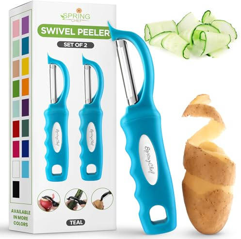 Spring Chef Swivel Vegetable Peeler with Soft Grip Handle, Set of 2, Teal | Premium Potato Peeler w/ Ultra Sharp Stainless Steel Blades, Multifunctional Veggie Peeler for Apple, Carrot, Cucumber, Fruit