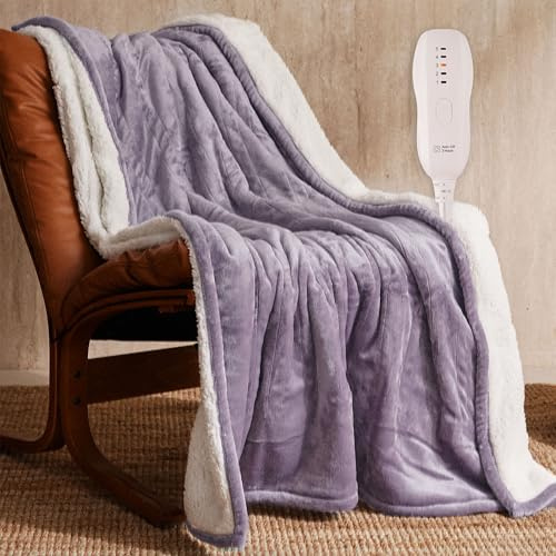 JET'S HOME Heated Blanket 50x60 - ETL Certified Flannel Electric Blanket Machine Washable Heating Throw with 5 Heating Levels 3 Hours Auto-Off Overheating Protection Gift for Women (Purple)
