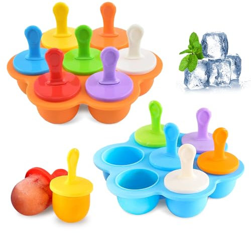 Riisoyu 2 Stück Eisförmchen Popsicle Formen, Silikon Mini Eisformen BPA frei Eisformen Eis am Stiel Silikon Mulden Eisform mit Kunststoffstäbchen mit 14 Kunststoffstäbchen, Orange&Blau
