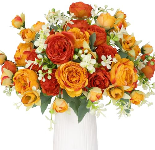 Floweroyal Lot de 4 bouquets de pivoines artificielles en soie - Pour fête de mariage, centre de table, arrangement floral, décoration de maison, de cuisine - Orange et jaune