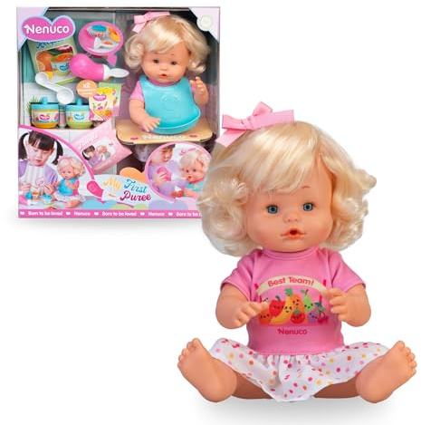 Nenuco Prima Pappa, Bambola 35 cm, con Corpo Rigido e Capelli Biondi, con Accessori per Preparare la Prima Pappa, per Bambine/i dai 3 anni, Famosa (NFN96000)