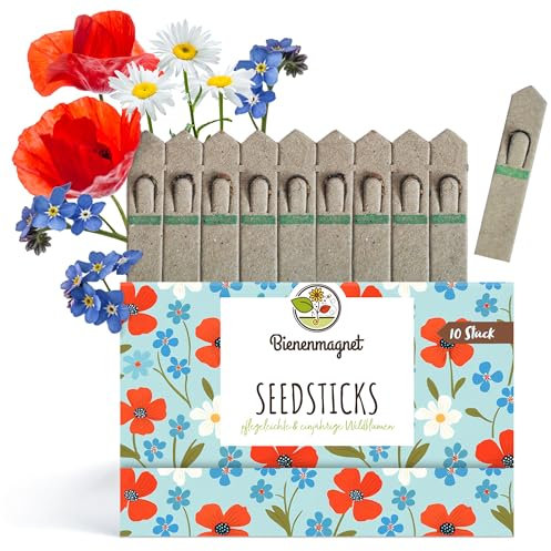Samen-Sticks mit Wildblumensamen - Bienenfreundliche Saatgut-Sticks für Balkonkästen, Blumentöpfe und Gartenbeete (10 Stück)