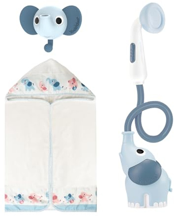 Yookidoo Duschkopf für Baby-Badewanne, Elefanten-Wasserpumpe mit Stammauslauf und Spüler, kontrolliert den Wasserfluss von 2 Knöpfen für maximalen für Neugeborene (Cloudy Blue)