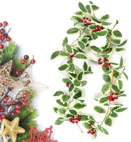 Macrak 6Ft Artificial Plant Christmas Garlands Decoration, Red Berry Green Holly Leaves Vine Decor for Indoor Outdoor Home Party Door Frame Backdrop (White Green)