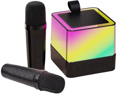 Solinder Karaoke Maschine Mini-Karaoke-Maschine, kabelloses Mikrofon und Lautsprecher-Set mit 2 Mikrofonen, LED-Farblicht, Handmikrofon, Karaoke-Lautsprecher, Geschenke für Geburtstagsfeier, Desktop,