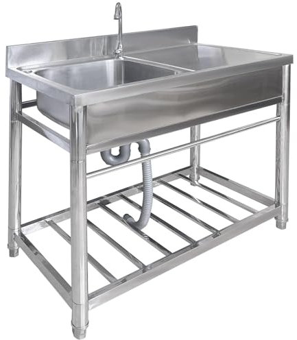 QIANMEI Kitchen Sinks Stainless Steel Outdoor Single Bowl Sink With Platform， Outdoor Garden Kitchen Sink, With Drainer Unit And Tap, Shelf, For Restaurant, Kitchen And Home