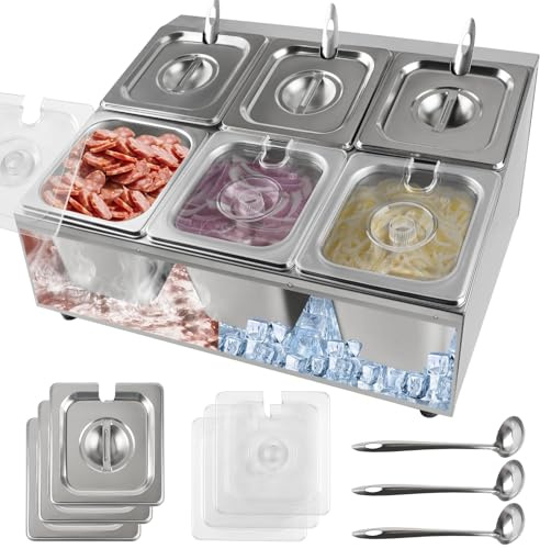 Kalolary 6 Pans Spice Rack Shelf, 2 Row Stainless Steel Spice Organizer Stand with Lids Spoons Countertop Inclined Holder Buffet Containers Set for Sauce Jam Fruits Ingredient Kitchen Restaurant