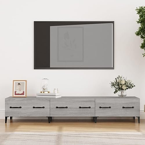 Moderno mueble de TV triple ancho con 3 cajones y patas de metal de 150 cm, mesa consola central de entretenimiento para sala de estar, dormitorio, roble gris