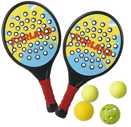 RORLAND Racchette Padel Junior, Racchetta Beach Tennis Bambino, Racchettoni Spiaggia Leggera, Giochi da Esterno Giardino 6+ Anni, 2 Racchette, 2 Palline Tennis, 1 Pickleball, 1 Palla Spugna