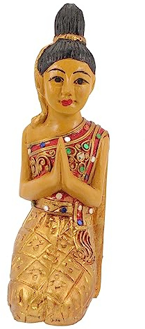 MAGICLULU Kniender Buddha Holzfigur Goldfarbene Deko für Haus und Patio | Orientalische Statue, als Fotorequisite für Hauswarming Geeignet, Gartenornament mit Harmonischer Ausstrahlung