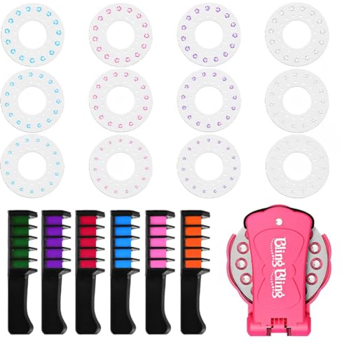 IKOPFLN Hair Bedazzler Kit +6 haarkreide für kinder,Glitzersteine für Haare Stempelset mit temporären Haarkreide-Kämmen,auswaschbares DIY-Haarstyling-Setbedazzler kit