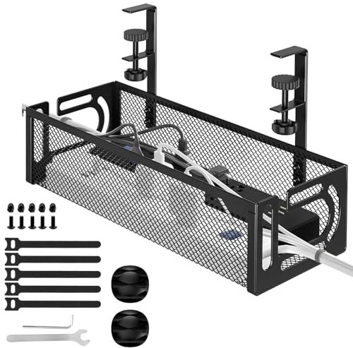 Bandeja Gestión Cables Debajo Escritorio con Clips Montaje, Cesta Organizador Cable Sin Necesidad Taladrar, Portacables Bajo Mesa Acero Carbono, Caja Gestionar Alambre para Oficina,Casa,Cocina (Negro)