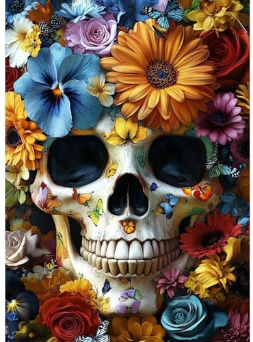 MAXBYE Diamond Painting Halloween Art Erwachsene Kits, 5D Totenkopf Diamond Kunst Komplett Set DIY Diamant Bilder für Anfänger, Blumen Runde Gem Kreuzstich Home Wall Decor 30x40cm