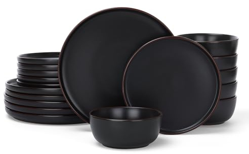 Richmount Mercury Geschirrset，18-teiliges teller set，Steingut Geschirr Set für 6 mit Speiseteller, Dessertteller, Müslischalen, Mikrowellen & Spülmaschinenfest, Matt-Schwarz