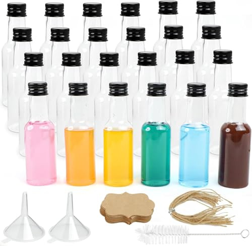 ROTKUSZ 24 Mini Bouteille, 50ml Petite Bouteille Plastique Réutilisables, Vides en Plastique avec Bouchons Noirs et Entonnoir pour Liquides pour Décoration de Bricolage, Cadeaux de Mariage, Fête