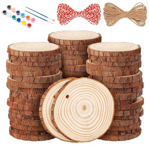 60 Stück Holzscheiben, 6-7cm Holz Log Scheiben, Baumscheiben Rund zum Basteln mit Farbe, Stift Und Seil, Unvollendete Holzscheibe mit Löchern, Natur Holz-Scheiben für DIY Weihnachten Dekoration Handwe