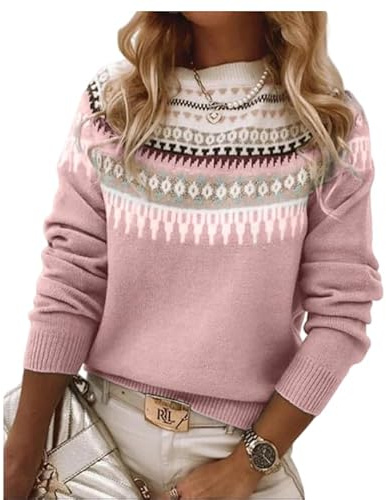Women's Fair Isle Sweater Casual Vintage Crew Neck Knitted Sweater Cute Graphic Fall Fashion Pullover Jumper Tops Pink