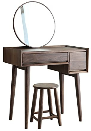 Tavolo da trucco vintage in noce con specchio, elegante toeletta in legno, piccola cassettiera elegante, mobile compatto per camera da letto e trucco nization