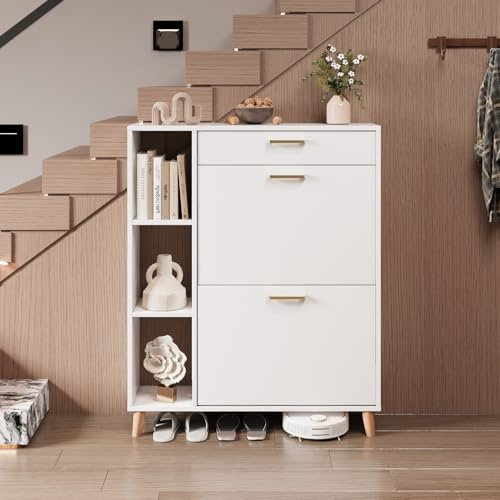 Ztexkee Schuhschrank mit 2 Klappen Schmal Schuhschrank mit 2 Flip-Schuhregal 1 Schublade und 3 Ablagefächer platzsparender Schuhregal mit 4 Massivholzbeinen für Eingang Flur 80x24x101cm Weiß