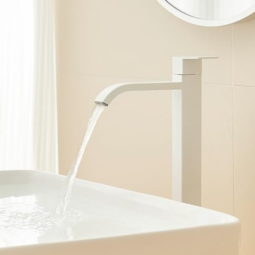 Robinet Lave Main Eau Froide Cascade Blanc Robinet Mitigeur Monocommande Haut pour Lavabo Salle de Bain G1/2,Blanc