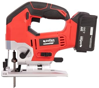 Cofan Sierra de calar a batería con motor sin escobillas | Potencia: 20 V | Velocidad variable 0–3000 rpm | Acción pendular | Corte inclinado ±45° | Batería y cargador incluidos