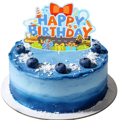 Csoisoy Construction Happy Birthday Cake Topper, Blue and Orange Cartoon Construction Vehicle Tractor Theme Cake Decoration for Boys Girls Birthday Party Decor Supplies