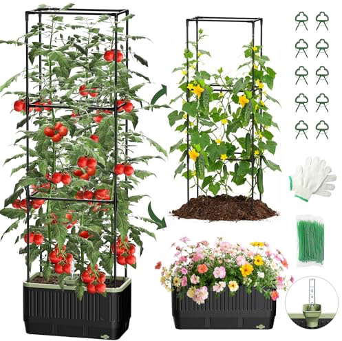 MQJIAZHI Self Watering Tomato Planter with Trellis, Rectangular Tomato Cages Trellis for Raised Garden Bed, Tomato Planters Box for Garden Pots Patio Indoor Outdoor (Rectangular, 2PC)