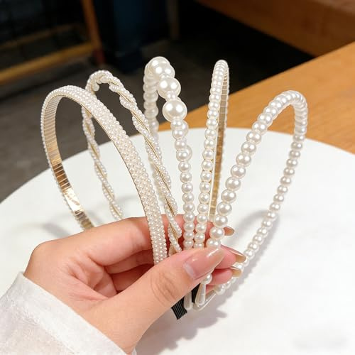 Tastetreasure Juego de 5 diademas vintage de perlas artificiales de alto cráneo para mujer, elegantes accesorios para el cabello de perlas blancas para novia, boda, novia, fiesta, diadema de moda para